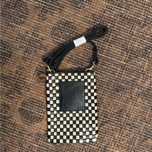 Clare. V Black and Cream Checkered Crossbody Phone Bag